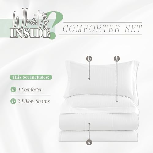 Image of Elegant Comfort Premium Hotel Quality 100% Egyptian Cotton, 3-Piece Stripe Down Alternative Cotton Comforter Set - Box Stitched - Duvet Insert with 4 Corner Tabs, King, White