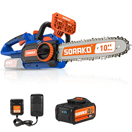 SORAKO 20V 10-Inch Cordless Chainsaw, Electric Chainsaw, Auto-Tension & Lubrication, Battery Powered Chain Saw for Trees Trimming& Wood Cutting, 4.0Ah Battery and Charger Included