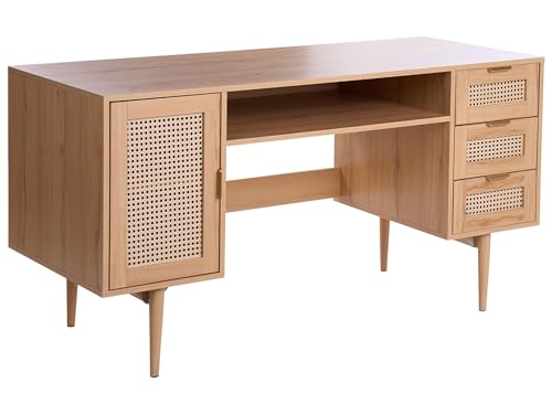 Beliani Escritorio Moderno para Oficina en casa Estudio 3 cajones MDF Patas de Metal frentes de ratán sintético marrón Claro Raffra