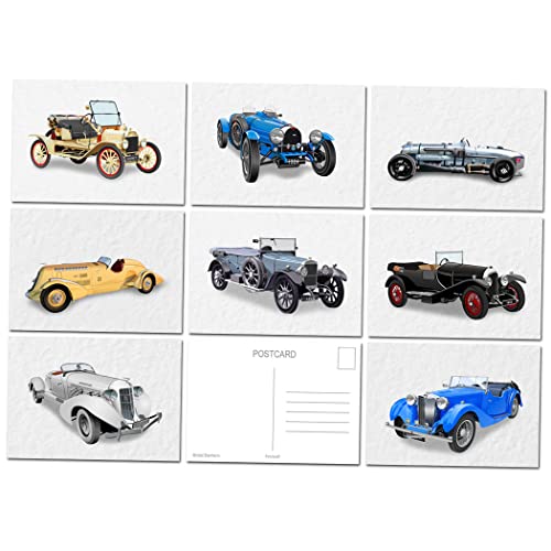 Stile e dimensioni: 8 cartoline formato A6 - 148 x 105 mm; 14,7 x 10,4 cm (4 x 6). Grafica vettoriale rara e altamente dettagliata di auto automobilistiche classiche e vintage