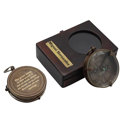 Brújula de latón antigua con caja de madera grabada miniatura 1
