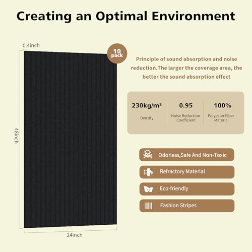 Acoustic Panels,10 Pack Sound Panels Noise Reducing for Walls,48"x24"x0.4" Soundproof Wall Panels,High-Density Acoustic Wall Panels,Decorative Wall Sound Absorbing Panel,Black - Image 3