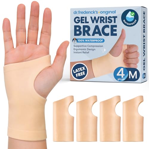 Dr. Fredericks Original Gel Wrist Brace - 4 ct - Waterproof Fingerless Compression Sleeve - Mild Carpal Tunnel Arthritis & Tendonitis Relief - Fits Left & Right Hand - Men & Women - Medium