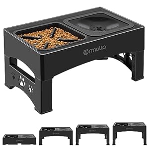 Elevated Slow Feeder Dog Bowls, Adjustable Raised Dog Bowl with No Spill Dog Water Bowl, Non-Slip Dog Food Bowl Stand for Large Medium Small Dogs, 4 Heights 3.7″, 8.5″, 10.1″, 11.7″ Black