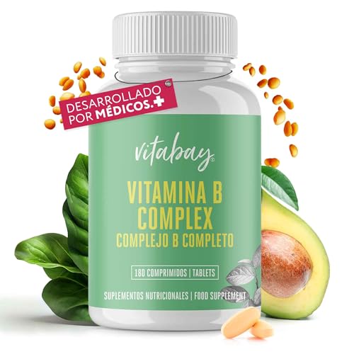Vitabay Vitamina B12 Complejo B 180 Comprimidos Veganos de Vitamina B Complex - Alta Dosis con 8 Vitaminas Bioactivas - Tomar 1 Comprimido diario de Vitaminas Complejo B Completo - Acido Folico B12 B1