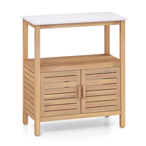 GOPLUS Banco de Jardinería de Madera de Acacia, Mesa para Macetas al Aire Libre con Tapa de Resina, Estante de Almacenamiento y Compartimento Cercado, Adecuado para Jardín, Patio, Patio Trasero