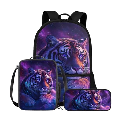 Tiger Backpack for Kids Cool Animal Bookbag with Lunch Box Attached Lightweight Purple Insulated Lunch Bag Tote Set of 3 Minimalist Pencil Case for Students2