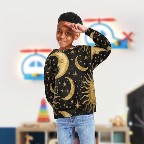 Golden Sun Moon Stars Boho on Black Little Girls Sweatshirts Hoodies Crewneck Boys Sweat Shirt Camping 4T4