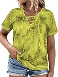 VISLILY Womens Plus Size Tops 2X Casual Lace Up Front Short Sleeve T Shirts Summer Tie Dye Tunics Light Green