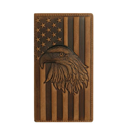 Checkbook Cover Eagle American Flag Wallet for Men Embossed Leather Cowboy Patriotic Wallet (Brown-Long)