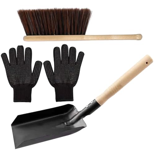 Veemoon Ensemble Pelle à Cendres en Acier au Carbone et Bois Balayette Naturelle Moufles Résistants à la Chaleur pour Nettoyage de Cheminée Domestique Kit Compact et Portable