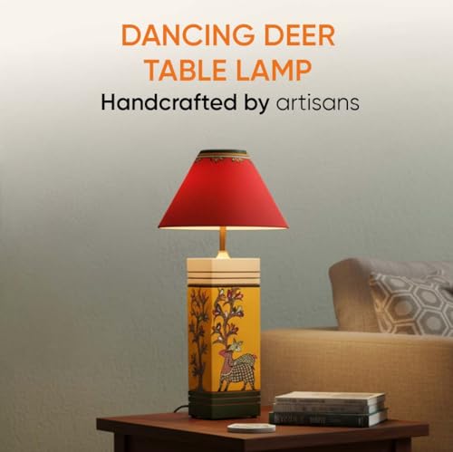Image of AAKRITI ART CREATIONS MDF Board Table Lamp for Study Room, Bedroom & Living Room Decoration | Madhubani Tree & Deer Motif Bedside Lamp with Cotton Fabric Shade | Aesthetic Night Lamp