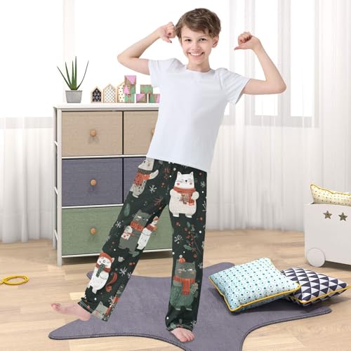 Xmas Cat Berry Boys Long Pants Soft Trousers Elastic Waist Kids Lounge Bottoms with Pockets S-XL 5