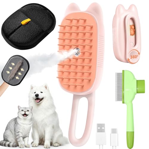 Image of Cat Steam Brush for Shedding, 4 in 1 Rechargeable Steam Brush for Cats and Dogs, Anti-Static, Massage, flea comb for cats& Pet Removal Hair Glove,Shedding & Combing All In One!(Pink)