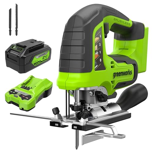 Greenworks Sierra caladora de 24 V, sierra de calar sin escobillas de 1 pulgada, 3000 SPM, ángulo de corte de 45°, movimiento orbital de 4 ajustes, cargador de 24 V y batería USB de 4 Ah