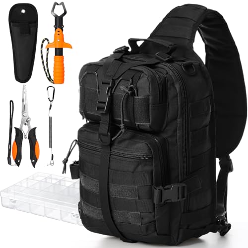 Eccliy 6 Pcs Fishing Tackle Bag Backpack with Rod Holders, Tackle Box, Fishing Pliers Kit and Fish Lip Gripper, Fish Gear and Equipment Fisherman Gift for Men Women(Black)