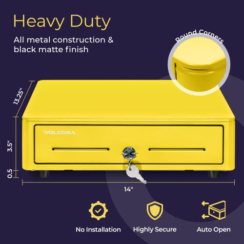 Volcora Cash Register Drawer for (POS) Point of Sale System with Round Corner 13\", Removable Coin Tray, 4 Bill/5 Coin, 24V, RJ11/RJ12 Key-Lock, Media Slot,Cash Till, for Business, Yellow