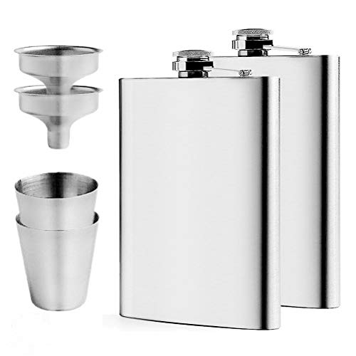 2 Pcs Hip Flask Set, 8oz Stainless Steel Pocket Whiskey Flask, with 2 Small Cups and 2 Funnels, for Camping, Hiking, Barbecue, Silver