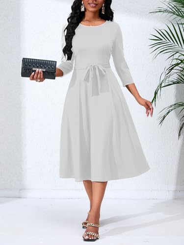 Image of PerZeal Women's Caual Midi Dress 3 /4 Sleeve Crewneck A-line Swing Dress for Women with Belt for Wedding Guest & Cocktail Party White Medium