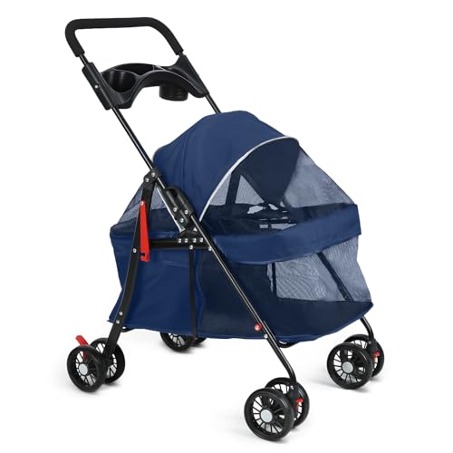 2in1 Hundewagen, Hundebuggy mit 1 Getränkehaltern, Hundebox Transporttasche Faltbar klappbar mit Feststellbremse, Bollerwagen für Hunde, 48 cm * 68 cm * 95cm (Blau)