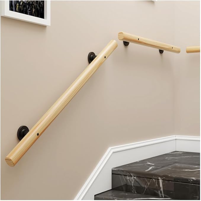 Wooden Handrail for Stairs – Anti-Slip Wall Mounted Safety Stair Railing with Brackets, Adjustable Indoor/Outdoor Banister Rail for Elderly & Children (Wood, 150CM) — image 1