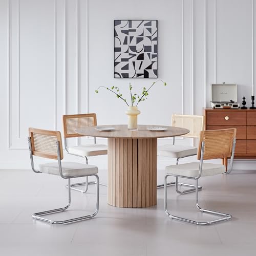 DEYARNA HOME Conjunto de Mesa de Comedor Redonda 120 cm y 4 Sillas de Comedor Tapizadas, para Cocina, Sala, Salón, Sala de Fiestas, Oficina (Madera Clara+Blanco)