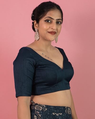 Image of FIGURE'S DESIGNER Women's Dupion Raw Silk Half Elbow Sleeves Sweetheart V Neck Sabyasachi Cut Readymade Saree Blouse S10