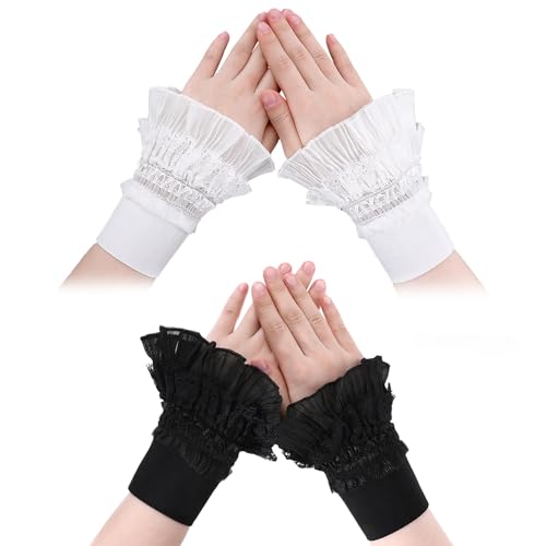 2 Pairs Floral Layered Cuff, Lace Wrist Cuffs Hand Sleeves Detachable, False Sleeves Wrist Cuffs, Lace Elastic Bracelet Wrist Cuff, Fake Sleeves Black White Lace Jabot Cuffs Costume Accessory