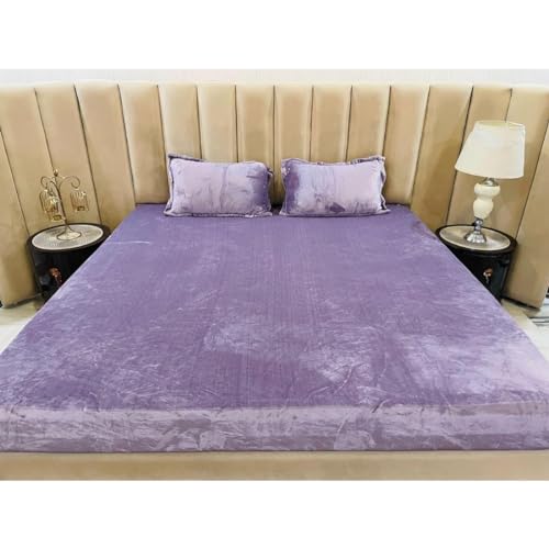 Image of Premium Velvet Solid Woollen Elastic Fitted Bedsheets for Double Bed King Size (Size 254 x 265 Cms), with 2 Pillow Covers Elastic, Covers (46 x 68 Cms) (Light Purple)