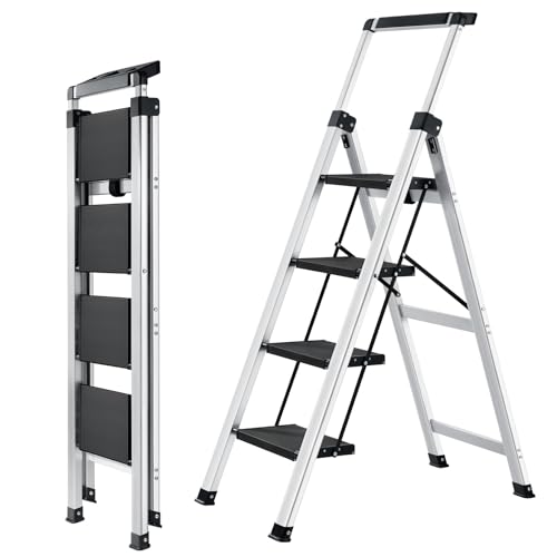 XinSunho 4 Step Ladder Folding Aluminum Stool Retractable Handrail