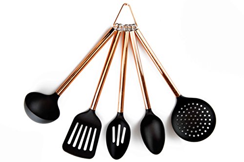 COOK With COLOR 5 Piece Nylon Cooking Utensil Set on a Ring with Rose Gold Copper Handles (Black)
