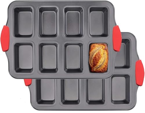 Sivaopa 2 Pack Mini Loaf Pan 8 Cavity Non-Stick Mini Baking Tin Carbon Steel Mini Bread Pan Bread Baking Mold with Silicone Handle Loaf Baking Tray for Brownie Cornbread Cheesecake