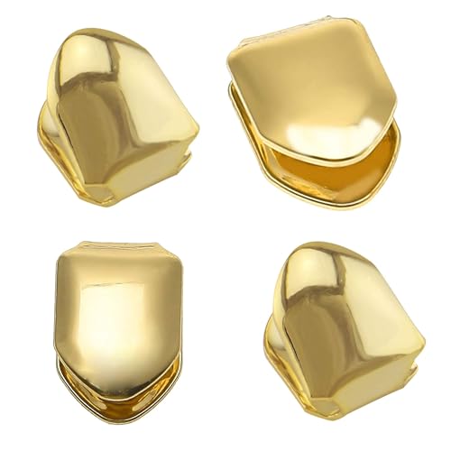 اسنان فم جريلز مطلية بالذهب عيار 14 قيراط، 4 قطع من اسنان الهيب هوب السادة، غطاء شواية فردي باسنان علوية لفم الاسنان، اكسسوارات الحفلات (ذهبي)