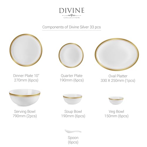 Image of Cello Opalware Divine Gold Lines Dinner Set, 33 Units | Microwave & Dishwasher Safe | Light-Weight & Thermal Resistant | Crockery Set for Dining & Gifting