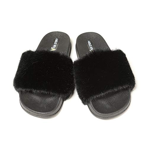 Fur Story Women's Faux Fur Slides for Outdoor Furry Leopard Print Fur Slipper Black - Thumbnail 6