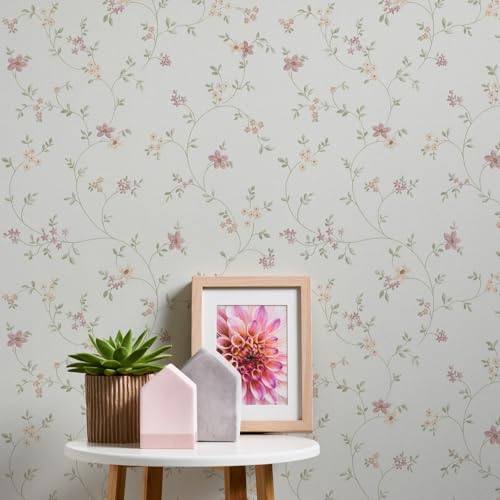 A.S. Création Maison Charme Vliestapete mit floralem Muster Blümchen 0,53 x 10,05 m – Creme, Grün, Bunt – Blumentapete Made in Germany – 937701