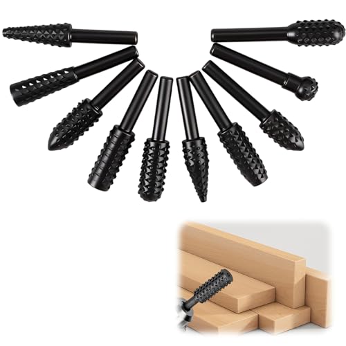 10Pcs Ensemble de Râpes Rotatives pour Fraises, 6.35mm Fraises Rotatives de Poignée Hexagonale, Ensemble Forets à Lime, Fraise Métal pour Perceuse, Travail du Bois, Métal Polissage, Gravure, Noir