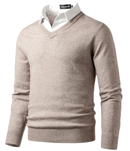 Harbrosrce Pull en Maille Fine Homme V Neck Chandail Classique avec Col de Chemise Automne Hiver Tricot Basique Pullover Uni Sweaters
