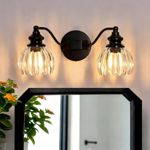Image of Piepooye Modern Bathroom Lights Fixtures 2 Lights Black Vanity Light with Glass LampShade E26 Bulb Indoor Vanity Light Over Mirror for Bedroom Farmhouse Kitchen Living Room