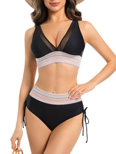 Women High Waisted Bikini Sets Tummy Control Swimsuits Colorful Wave Color Block Swimwear Two Piece Drawstring Bathing Suit