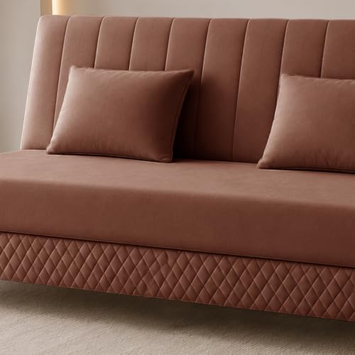 Image of Rosebell Modern 3 Seater Velvet Sofa Cum Bed with Cushion | Premium Upholstered Fabric | Tufted Backrest | Wooden Legs | Living Room Furniture | Brown