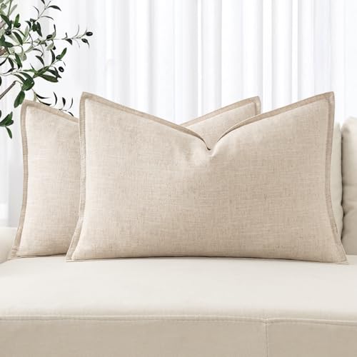 Image of MIULEE Decorative Linen Lumbar Pillow Covers 12x20 Inch Natural Beige Boho Farmhouse Neutral Couch Throw Pillows for Bed Pack of 2 Accent Modern Pillowcase Sofa Livingroom Home Decor