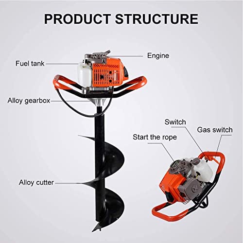 Image of 72cc Post Hole Digger 2-Stroke Petrol Gas Powered Earth Digger with 3 Auger Drill Bits (4 inch 8 inch & 12 inch) + 2 Extension Rods for Farm Garden Plant