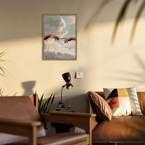 Image of Vintage Wall Art Christian God Hand Wall Decor Painting The Creation of Adam Poster Canvas Prints Religious Creation Artwork for Prayer Room Living Bedroom 12x16 inch Wood Framed