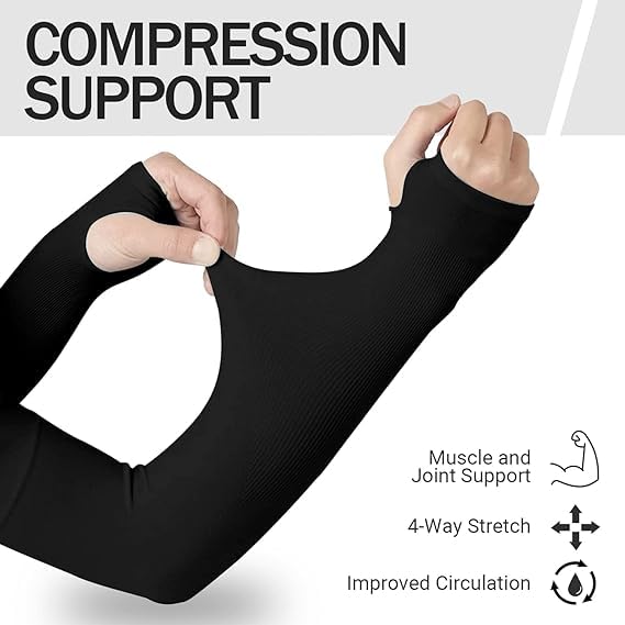 Image of GARRY LEFFS 4 Pairs Arm Sleeves For Men & Women Black UV Rays Tan Protection Breathable Cooling Hand With Thumb Design For Men Bike Riding, Sports, Cricket, Cycling, sunny days
