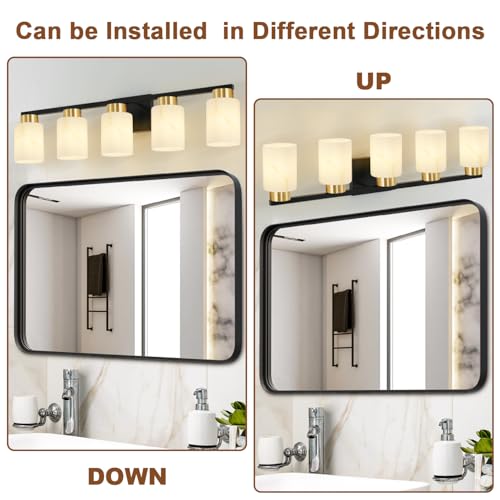 Image of 5-Light Bathroom Light Fixtures, Modern Vanity Lights, Black and Gold Metal Wall Lamp with White Marble Glass for Bathroom, Mirror, Living Room, Bedroom, Cabinet, Porch, Hallway, E26 Base