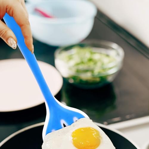 Image of DecorTwist Silicone Turner Spatula | Heat Resistant Kitchen Utensils for Cooking, Baking | BPA-Free, Food Grade Wooden Handle Nonstick Flipper for Fish, Eggs, Omelets (8X 0.2X 32cm,91g) Sky Blue