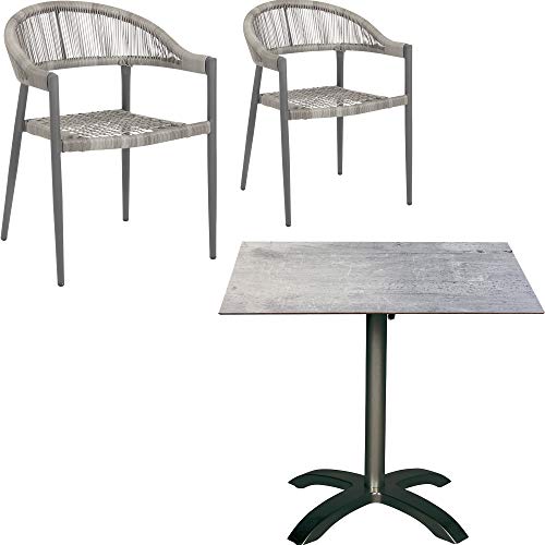 acamp Gartenmöbel Set | 3tlg. | 2 Stapelstühle Brooklyn 56x58x78 cm | 1 Klapptisch Acaplan 80x80x72 cm | Stühle mit Geflecht in Grau | HPL Tischplatte 6 mm in Cemento Grigio