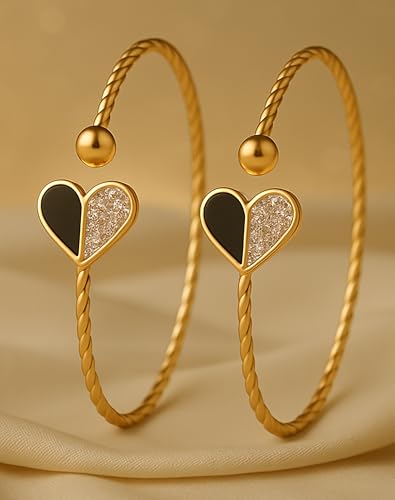 Image of Gold Plated Heart Bangle Bracelet, Twisted Rope Design with Black and Crystal Accent, Adjustable Cuff Style, Fashion Jewelry for Women