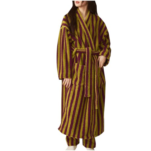Stripes Plush Robes for Women Soft Fuzzy Warm Fleece Bathrobe Shaggy Warm Nightgown with Pockets Long Spa Robe Purple